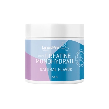 Beholder af LinusPro Kreatin med etikette "100% Creatine Monohydrate," naturlig smag, 50g.